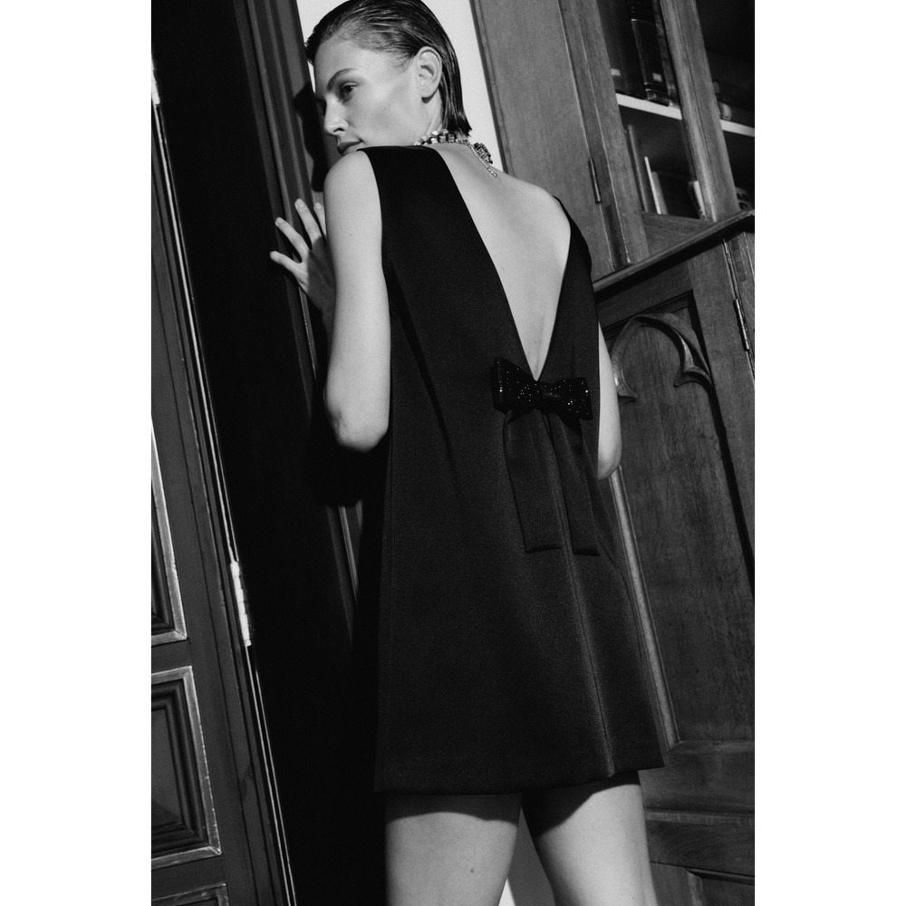 H&M Mini Satin Dress Women Large Black Deep V-Back Beaded Bow 1257358